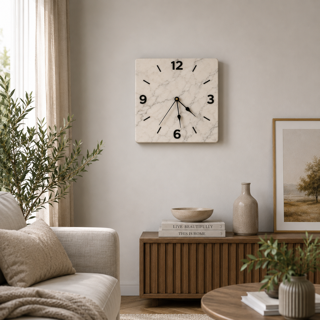 Modern Marble Square Wall Clock | Silent Quartz Home Decor
