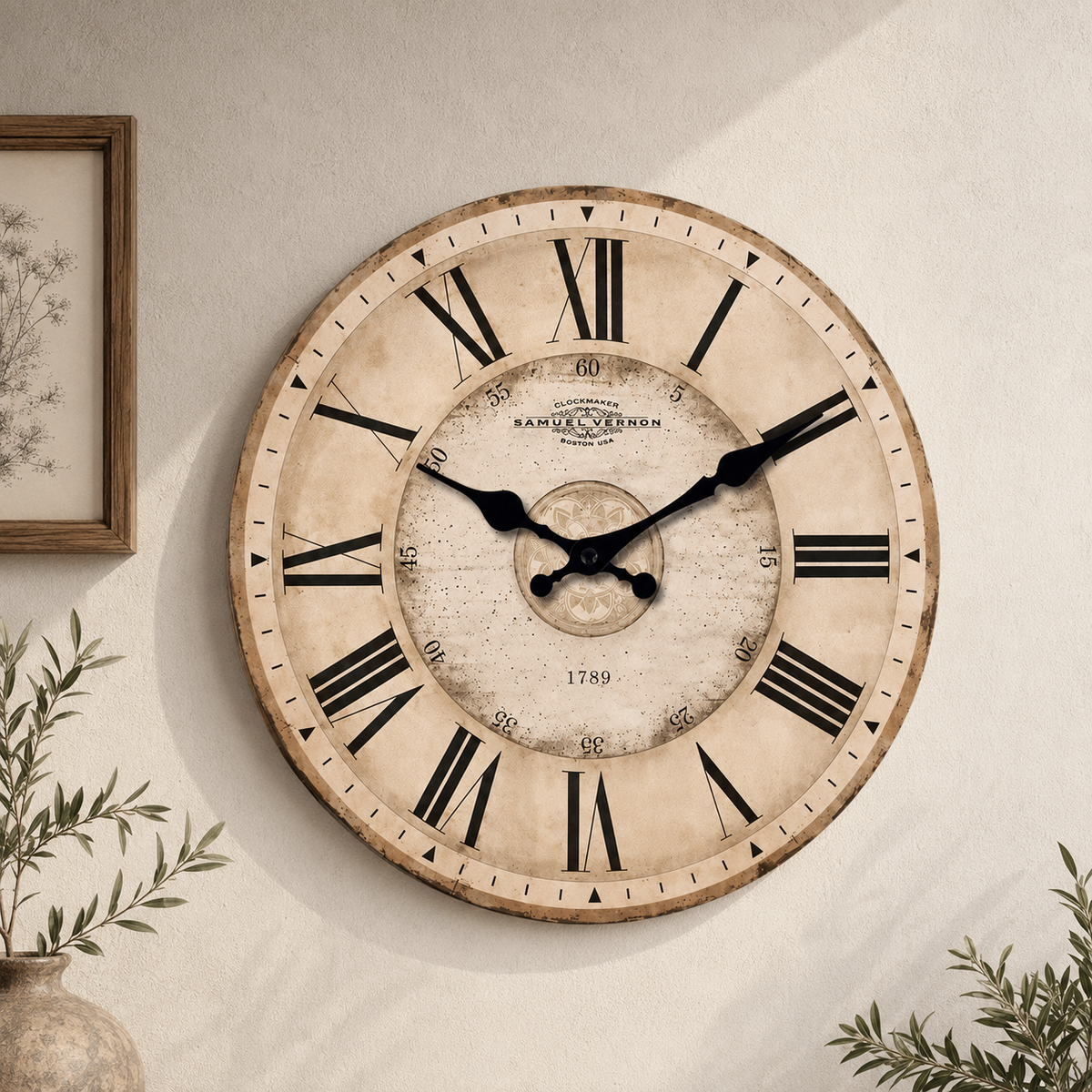Vintage Roman Numeral Wall Clock – Rustic Wooden Large Wall Clock for Living Room Decor