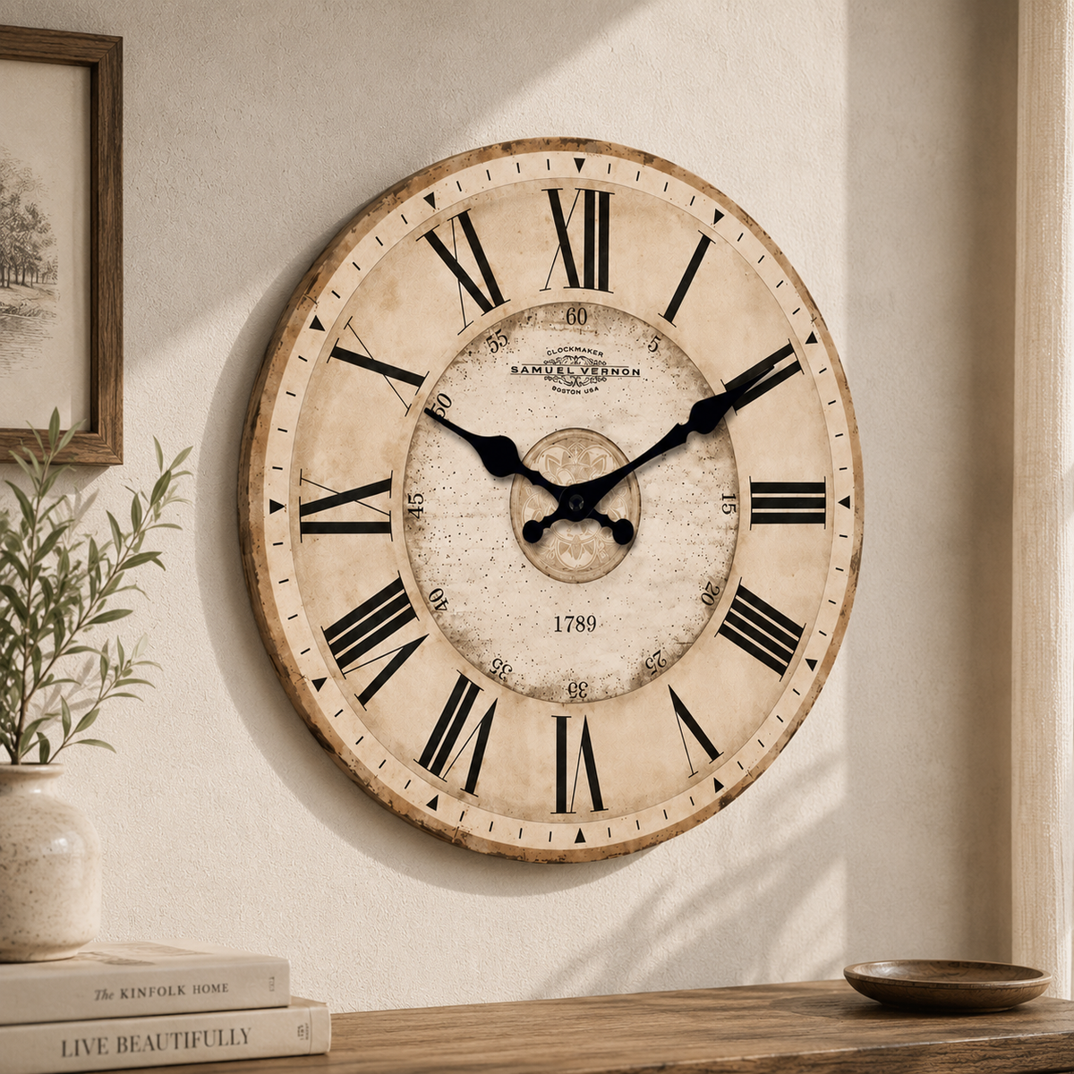 Vintage Roman Numeral Wall Clock – Rustic Wooden Large Wall Clock for Living Room Decor