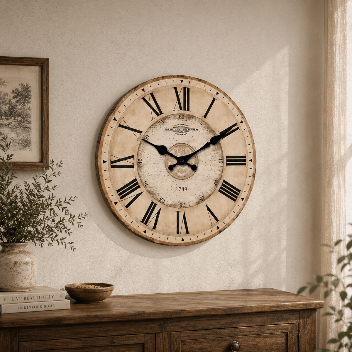 Vintage Roman Numeral Wall Clock – Rustic Wooden Large Wall Clock for Living Room Decor
