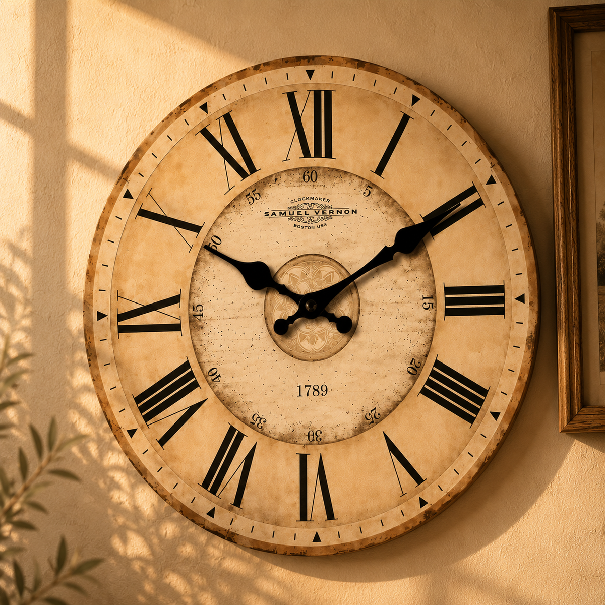 Vintage Roman Numeral Wall Clock – Rustic Wooden Large Wall Clock for Living Room Decor