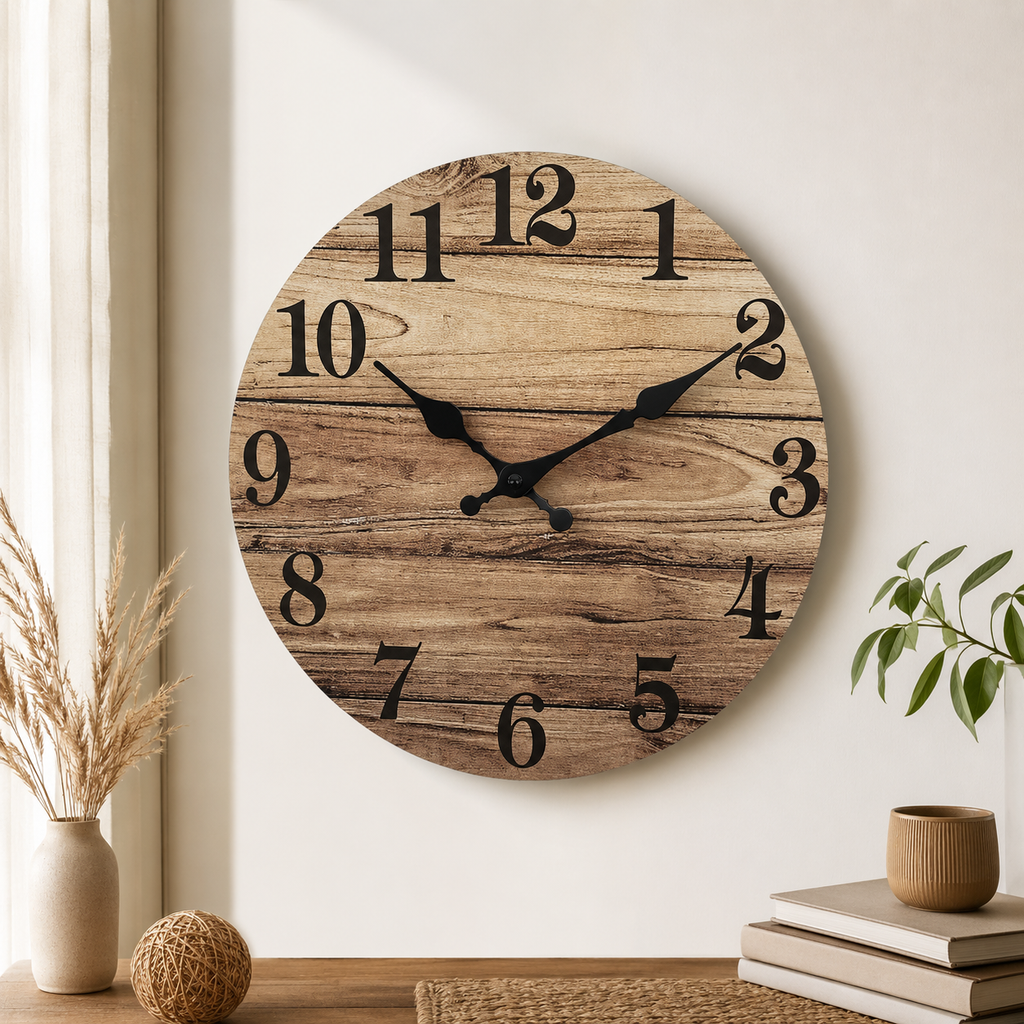 Rustic Wooden Wall Clock – Silent Farmhouse Decor