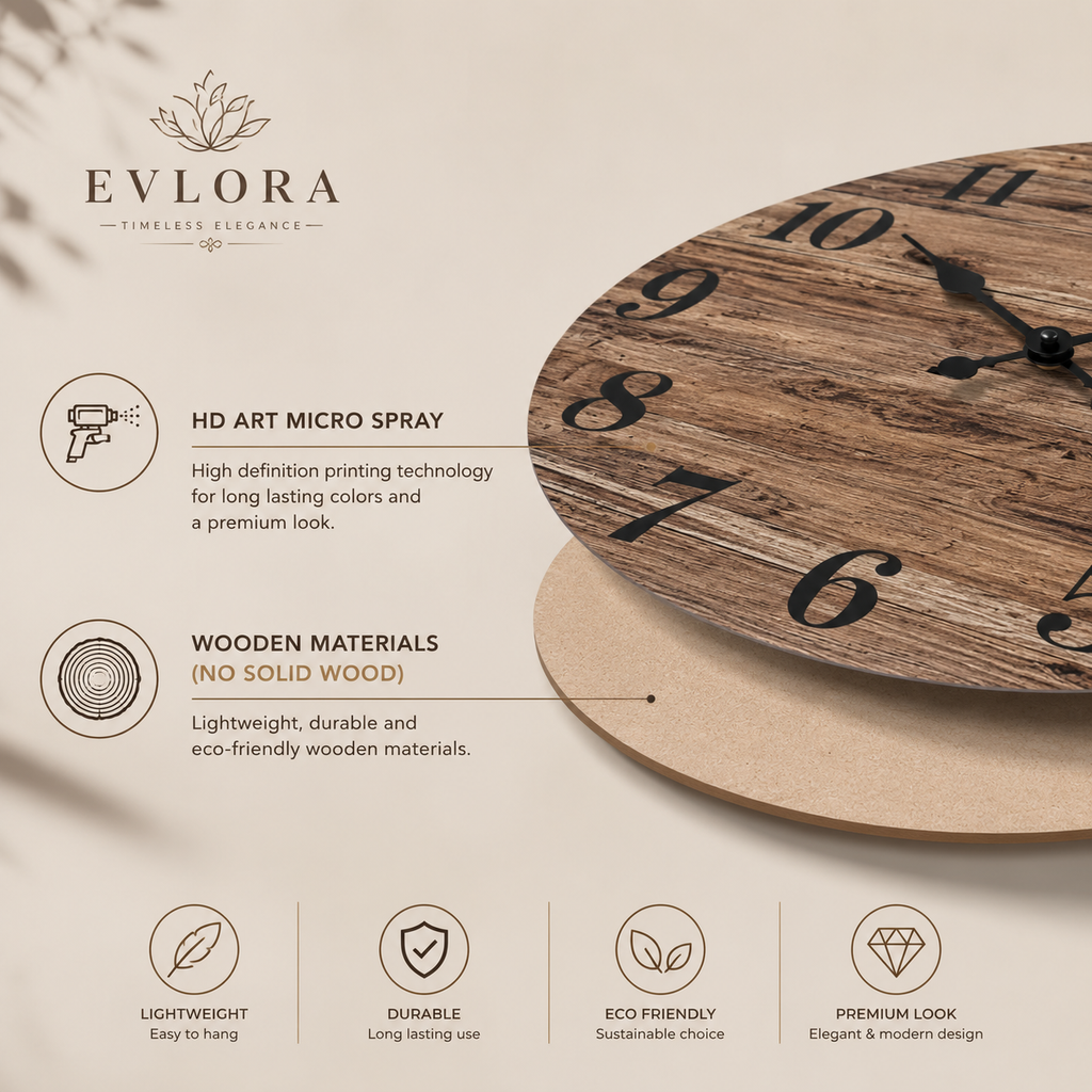 Rustic Wooden Wall Clock – Silent Farmhouse Decor