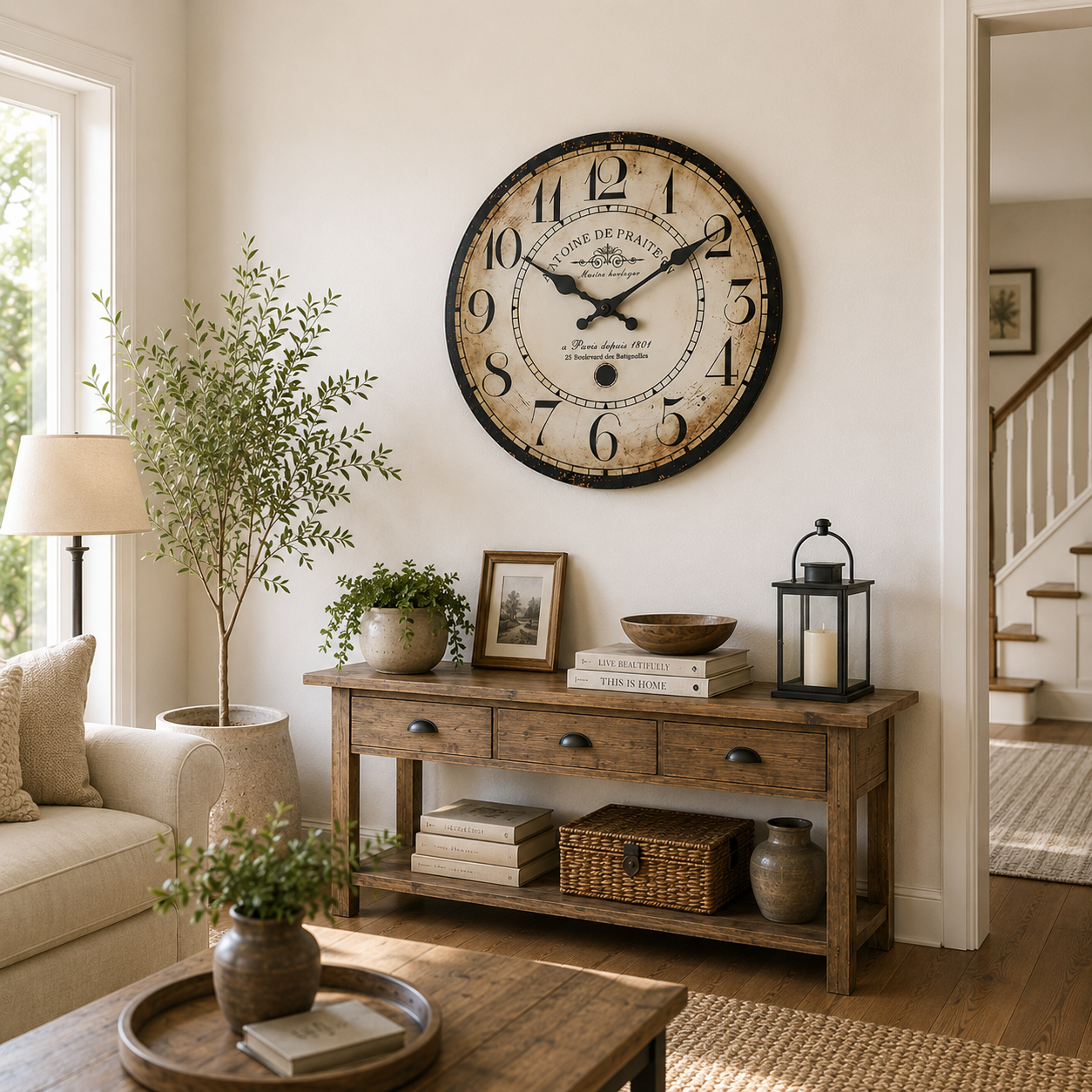 Vintage French Wall Clock – Silent Non-Ticking Rustic Farmhouse Decorative Clock for Living Room