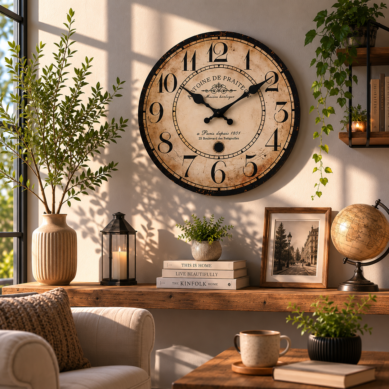 Vintage French Wall Clock – Silent Non-Ticking Rustic Farmhouse Decorative Clock for Living Room