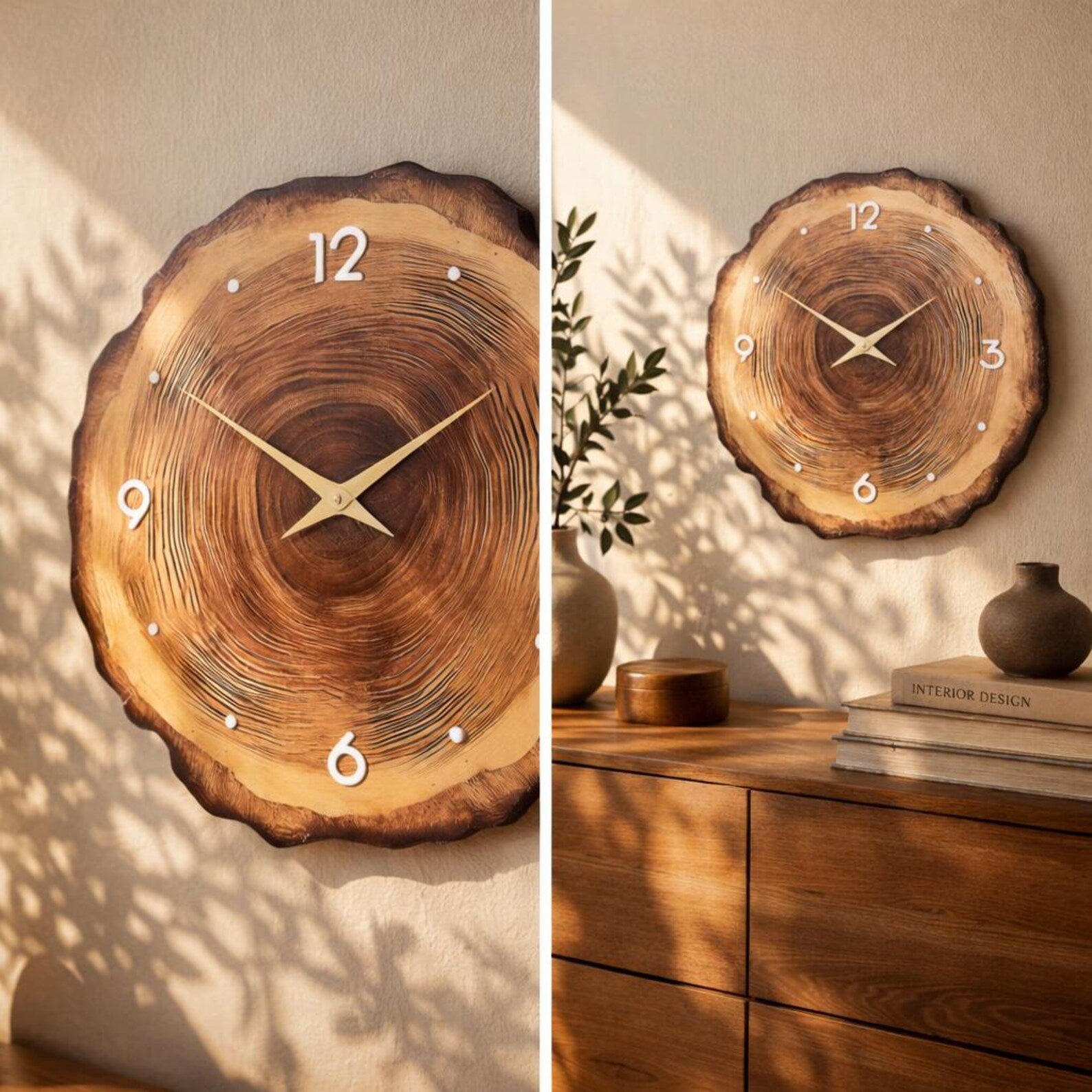 Glow in The Dark Tree Ring Wall Clock – Silent Rustic Wooden Decor
