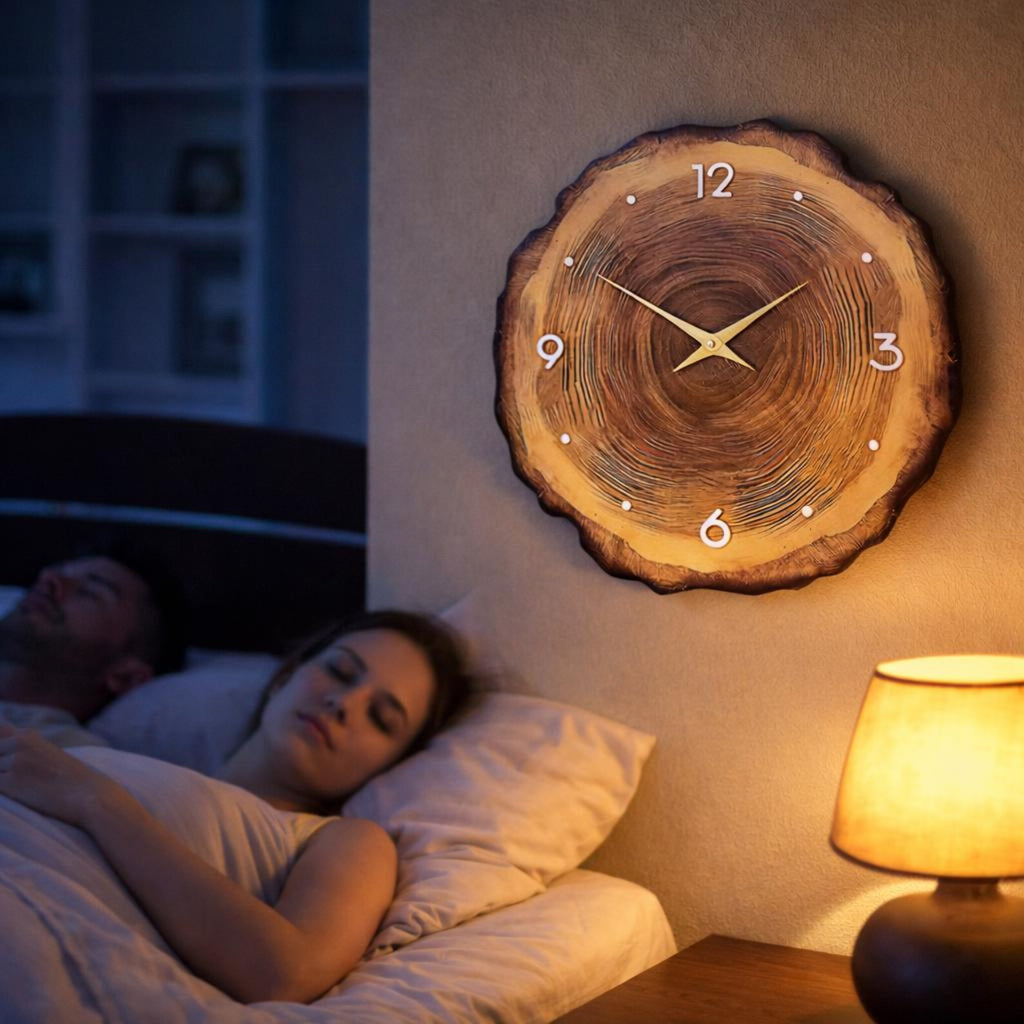 Glow in The Dark Tree Ring Wall Clock – Silent Rustic Wooden Decor