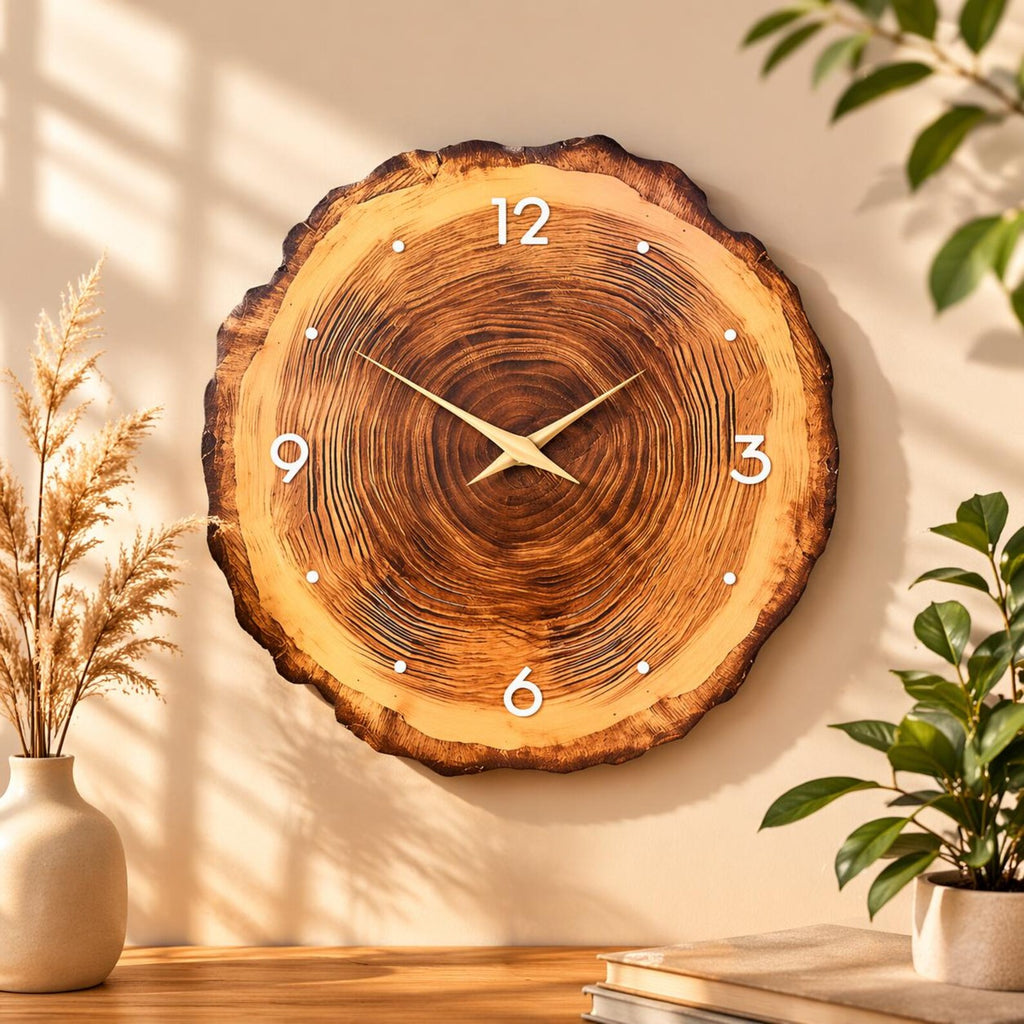 Glow in The Dark Tree Ring Wall Clock – Silent Rustic Wooden Decor