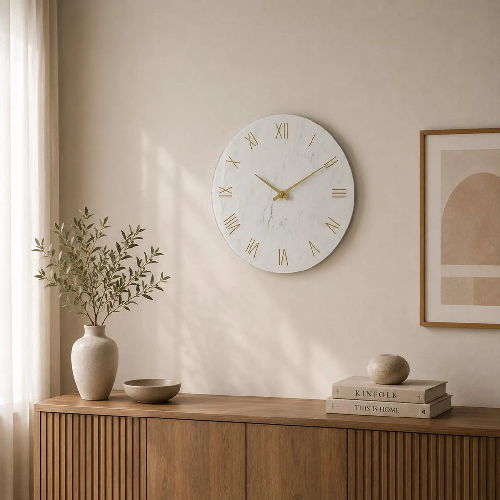 Minimalist Marble Wall Clock | Silent Gold Roman Numerals