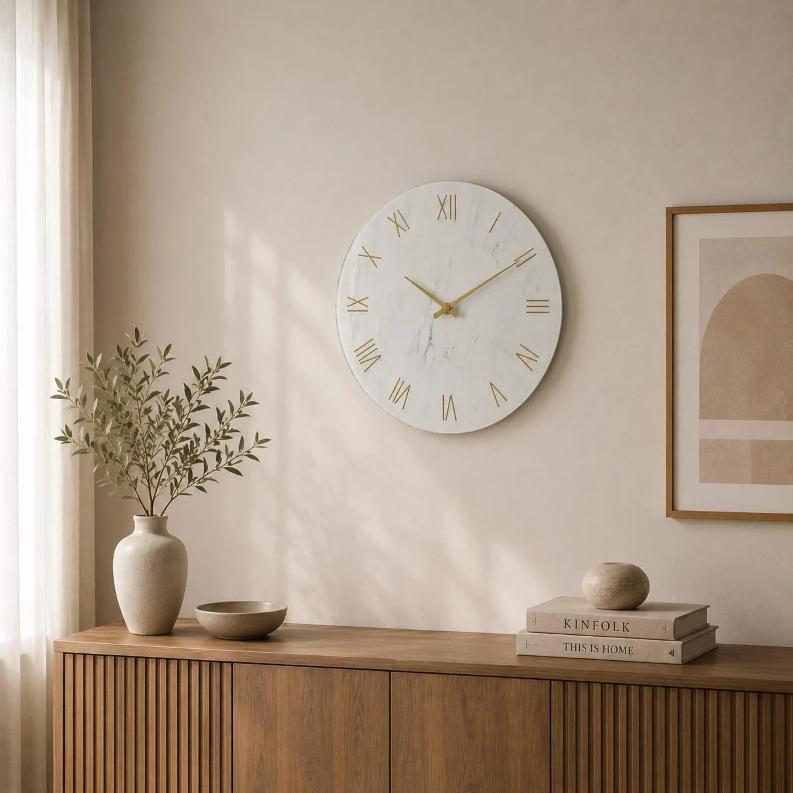 Minimalist Marble Wall Clock | Silent Gold Roman Numerals