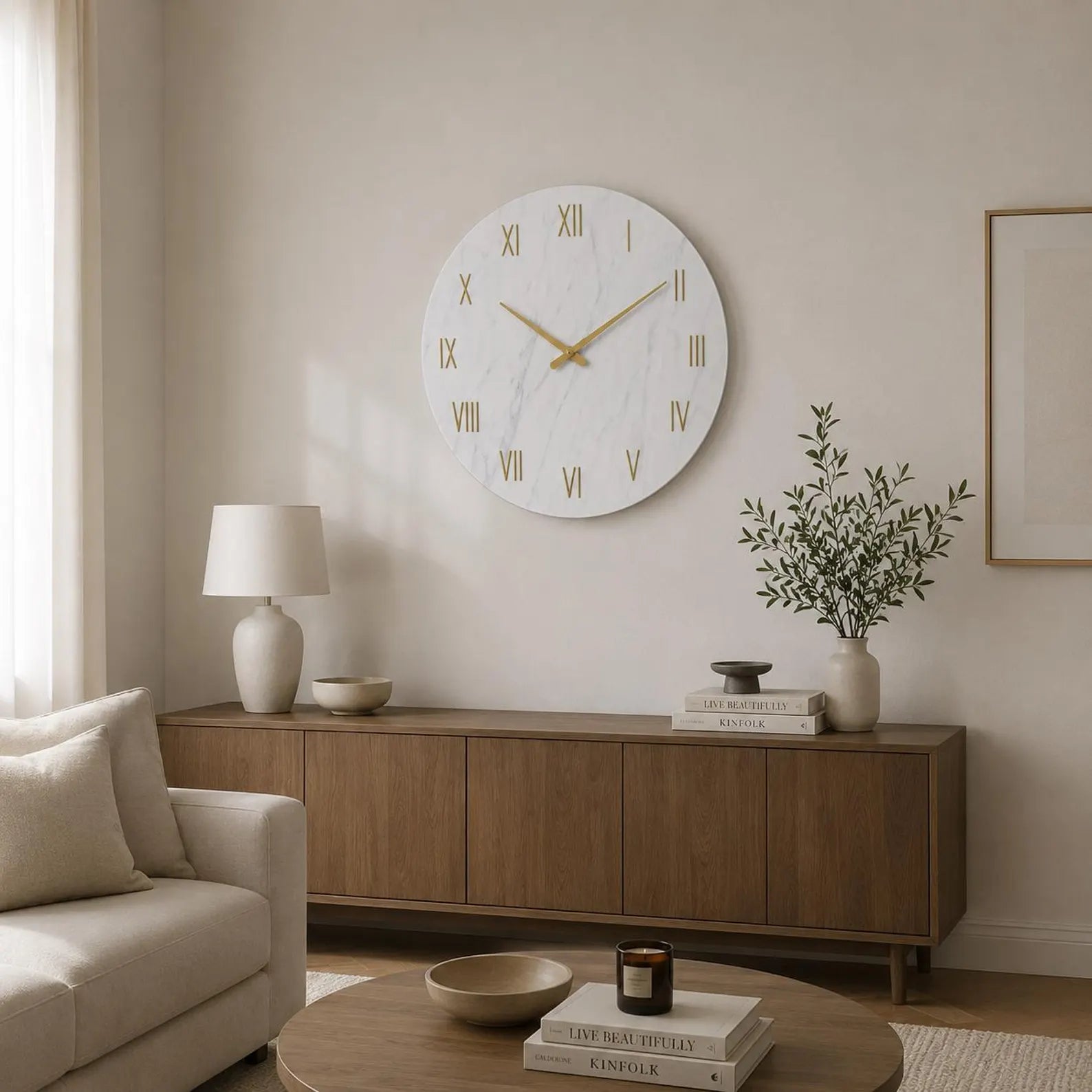 Minimalist Marble Wall Clock | Silent Gold Roman Numerals