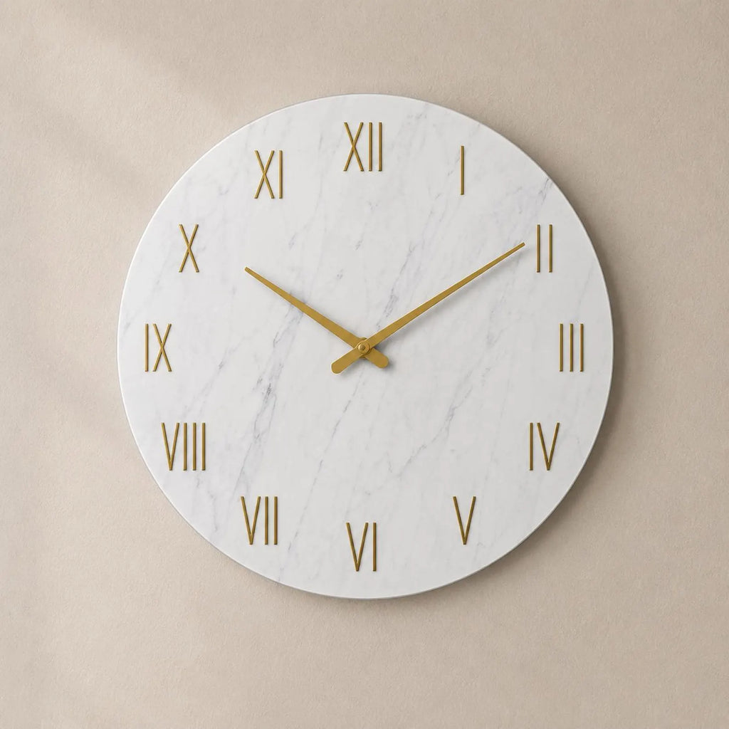 Minimalist Marble Wall Clock | Silent Gold Roman Numerals