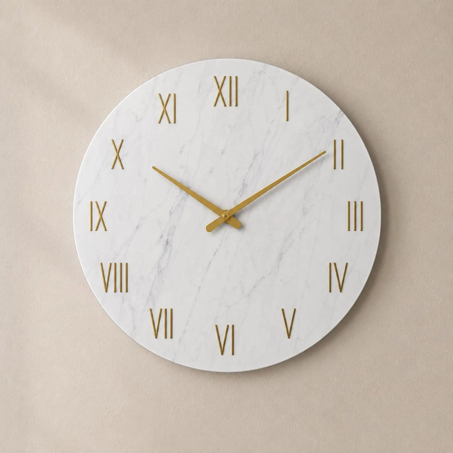 Minimalist Marble Wall Clock | Silent Gold Roman Numerals