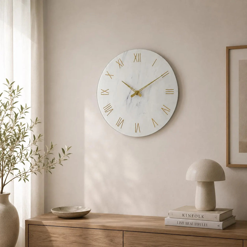 Minimalist Marble Wall Clock | Silent Gold Roman Numerals