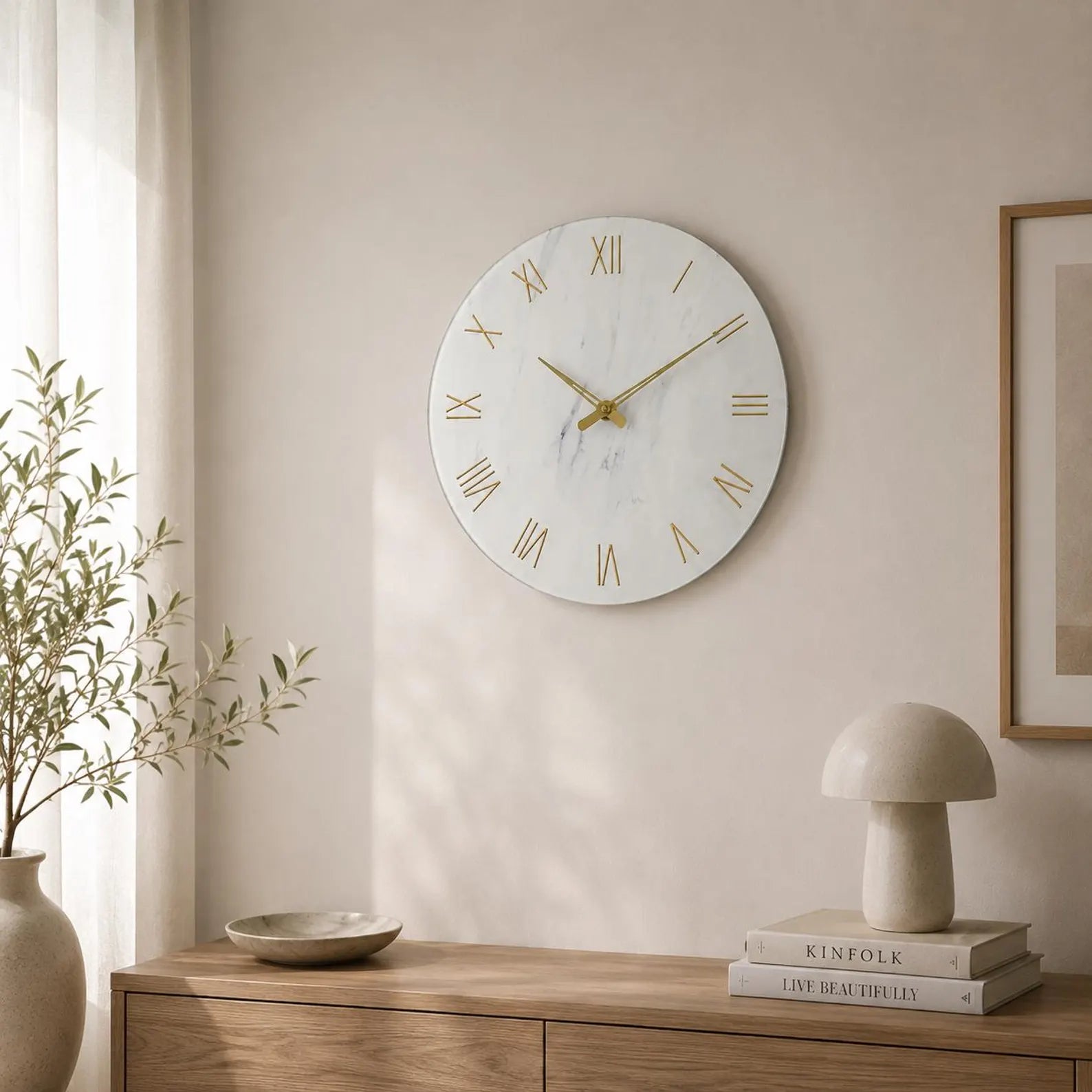 Minimalist Marble Wall Clock | Silent Gold Roman Numerals