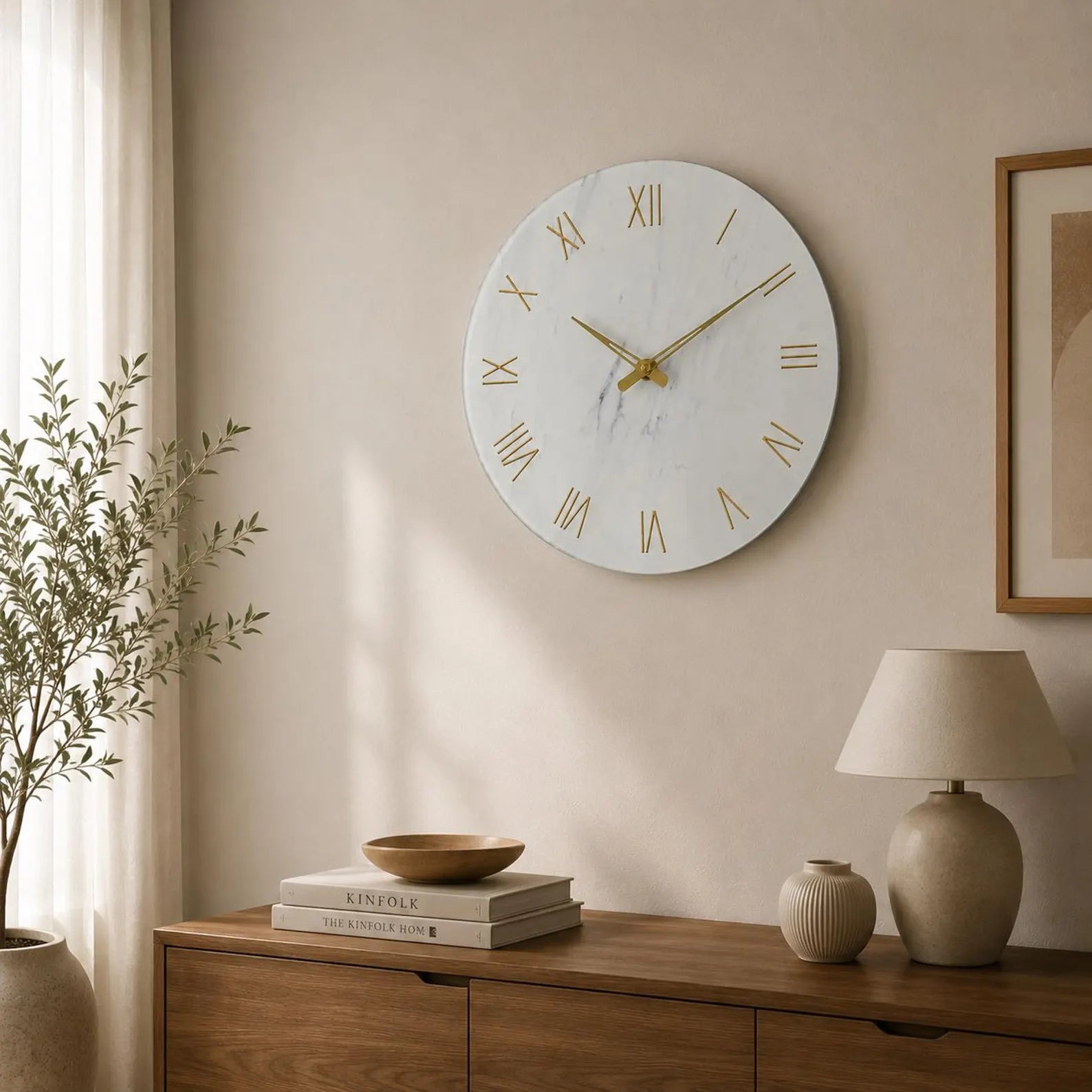 Minimalist Marble Wall Clock | Silent Gold Roman Numerals