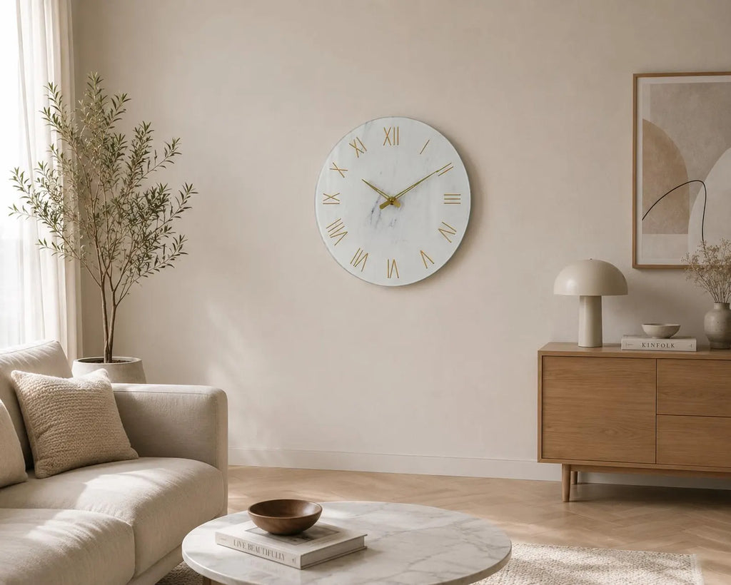 Minimalist Marble Wall Clock | Silent Gold Roman Numerals