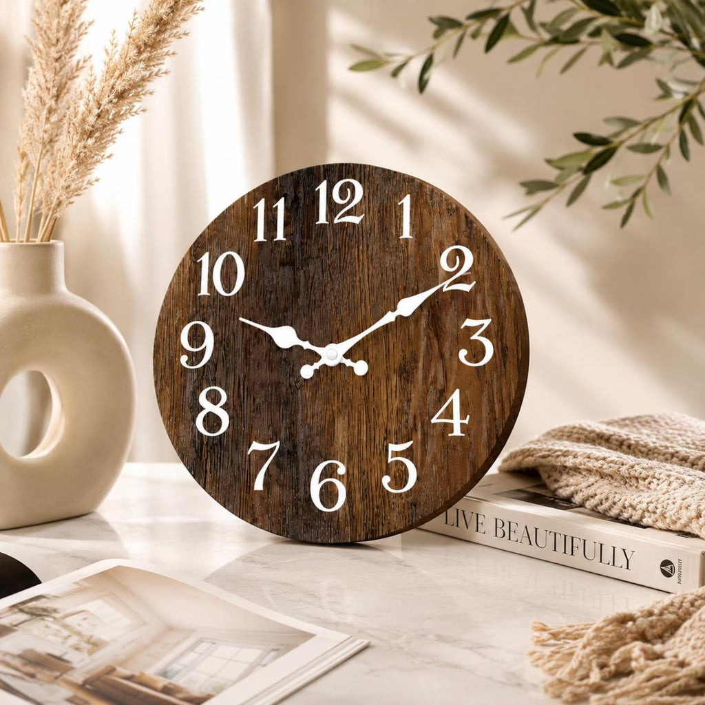 Rustic Wooden Wall Clock – Silent Farmhouse Decorative Clock