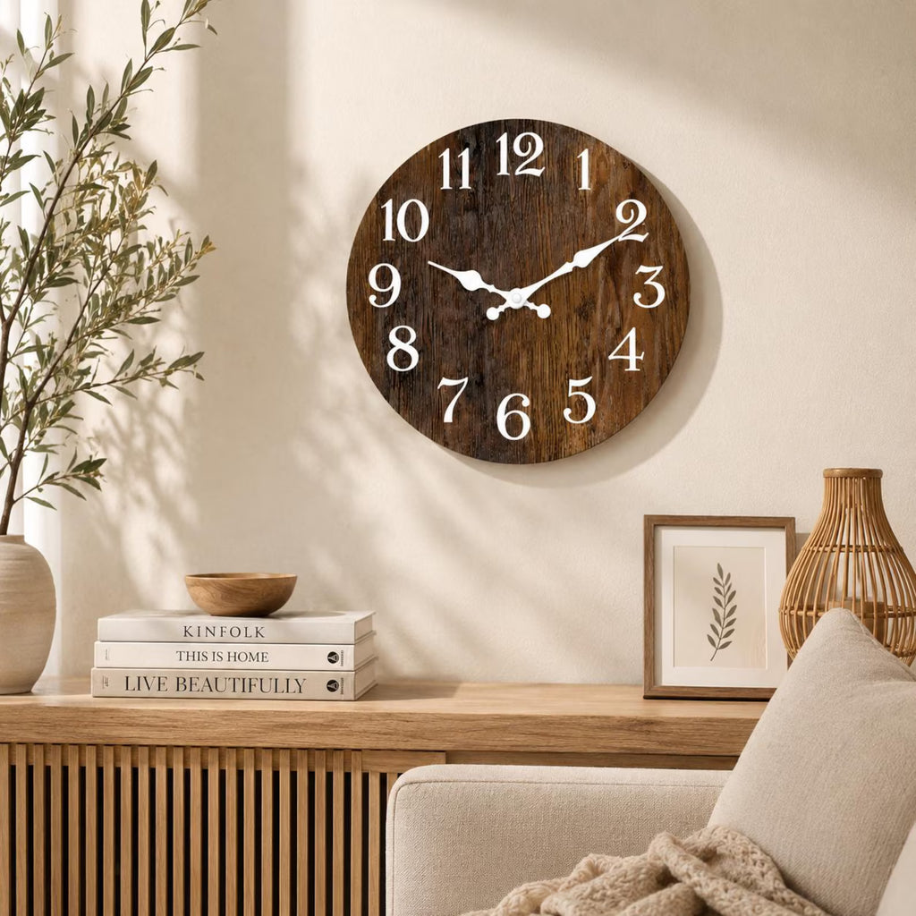 Rustic Wooden Wall Clock – Silent Farmhouse Decorative Clock