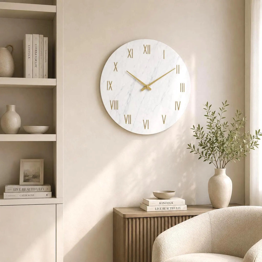 Minimalist Marble Wall Clock | Silent Gold Roman Numerals