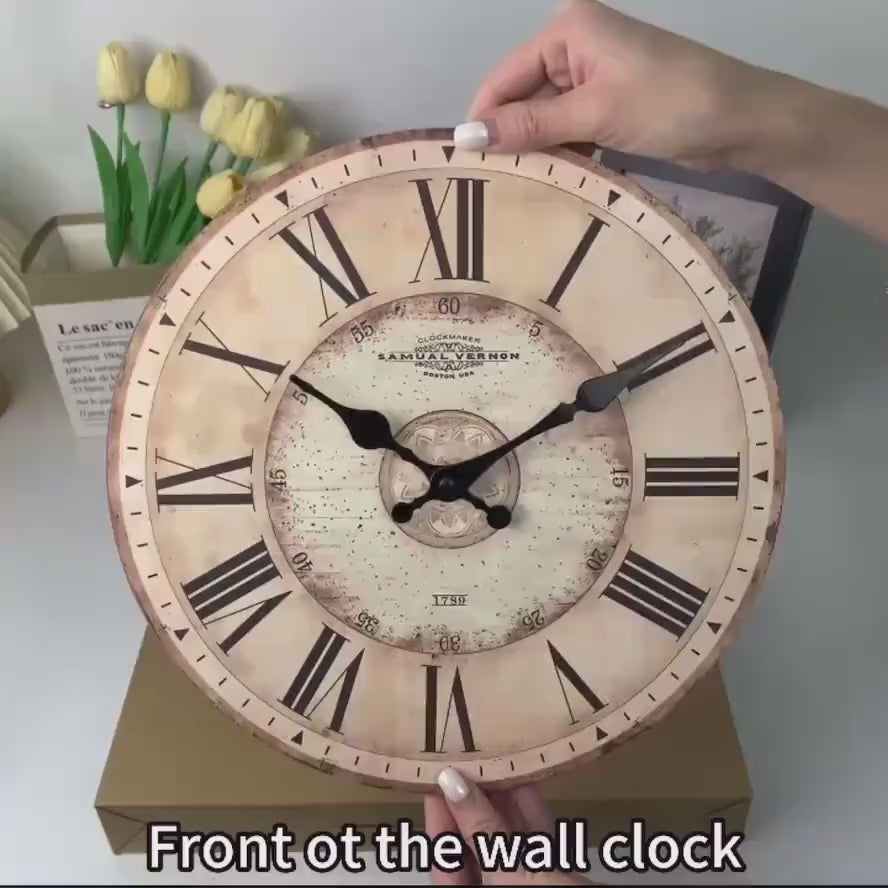 Vintage Roman Numeral Wall Clock – Rustic Wooden Large Wall Clock for Living Room Decor
