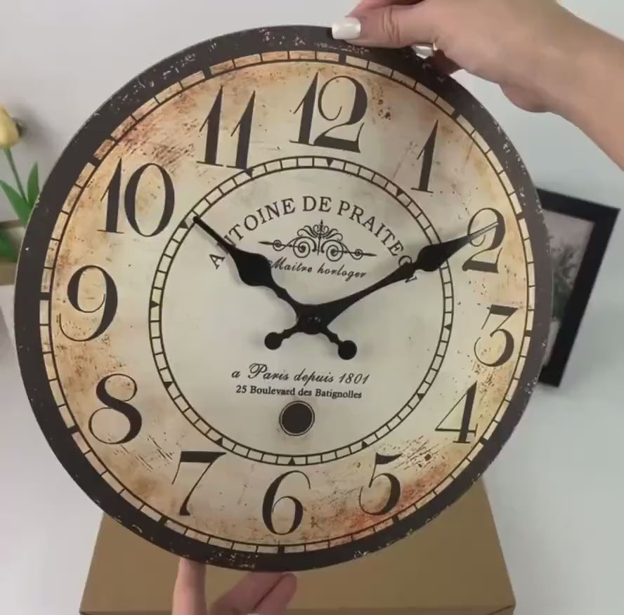 Vintage French Wall Clock – Silent Non-Ticking Rustic Farmhouse Decorative Clock for Living Room