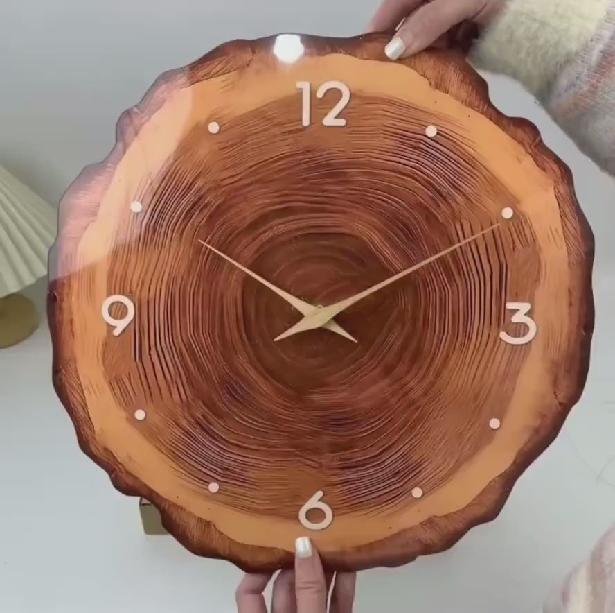 Glow in The Dark Tree Ring Wall Clock – Silent Rustic Wooden Decor